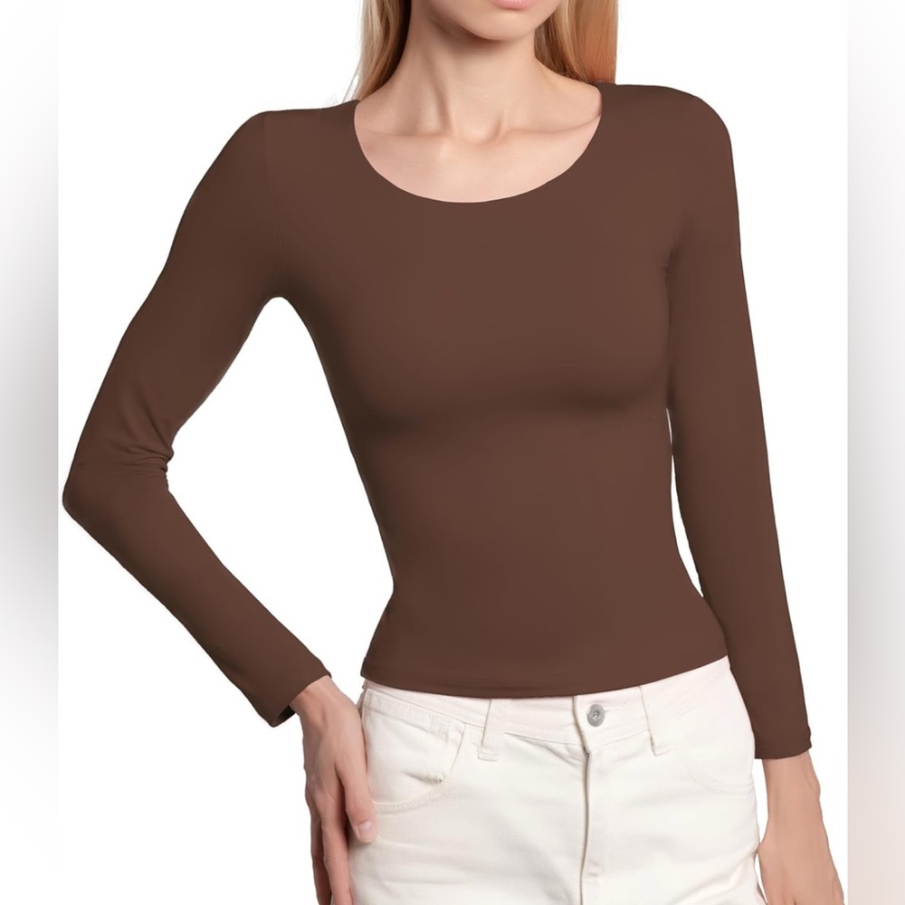 BRISIRA Women's Scoop Neck Double Lined Layering Long Sleeve Shirts Slim Fit